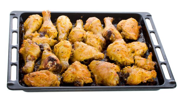 fried chicken meat on baking sheet, isolated on white