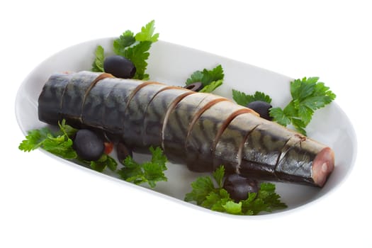 close-up mackerel with olives on plate, isolated