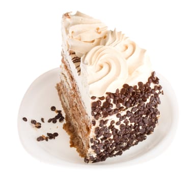 close-up piece of cake on white plate, isolated