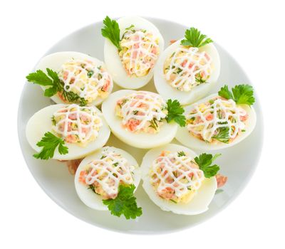 stuffed eggs with red fish, view from above, isolated on white