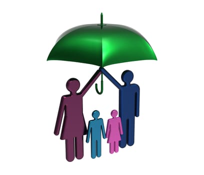 Protection of family under big umbrella isolated on white render