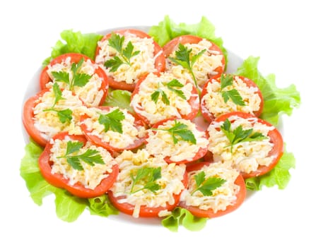 stuffed tomatoes with cheese and garlic, vew from above, isolated on white