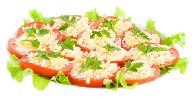 stuffed tomatoes with cheese and garlic, isolated on white