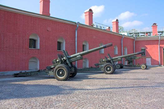 Artillery cannon near wall Peter and Paul Fortress, Saint Petersburg, Russia.
