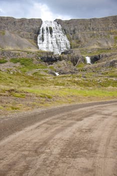 Turn of gravel route to  Dynjandi waterfall in Iceland, Westfjords.