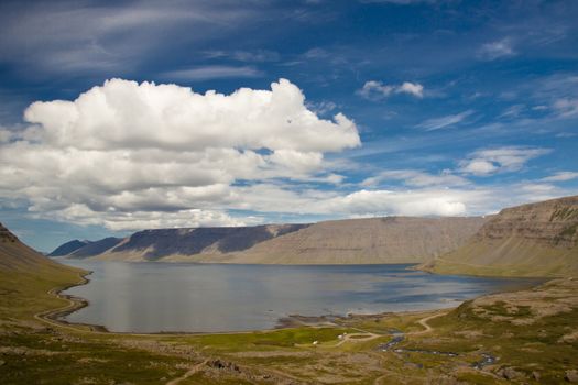 View on Dynjandisvogur big and beauty fjord in westfjords - Iceland.