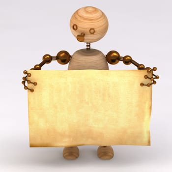 Wood man  holding a blank board 3d rendered