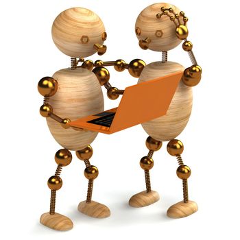 two wooden mans with orange laptop 3d rendered