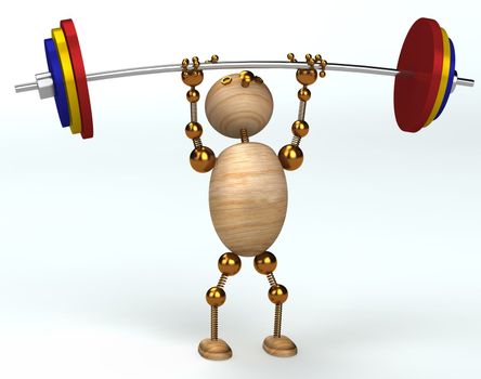 wood man lifting heavy barbell 3d rendered