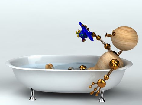 wood man with old bath 3d rendered
