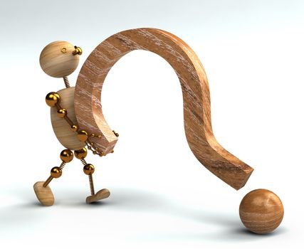 wood man lifting question mark isolated 3d rendered