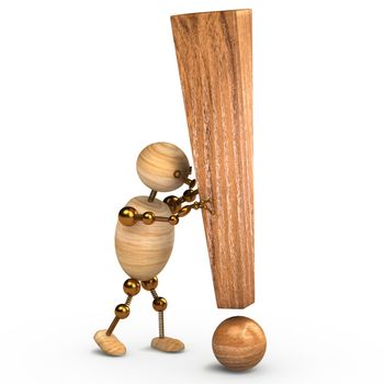 wood man with a  exclamation mark 3d rendered