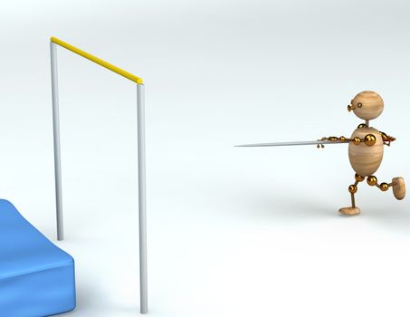 wood  man high pole jump 3d rendered