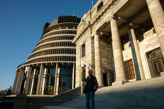 Morning light throws a shadow over the steps and man standing in front of parliament buildings and the colloquilly known Beehive.