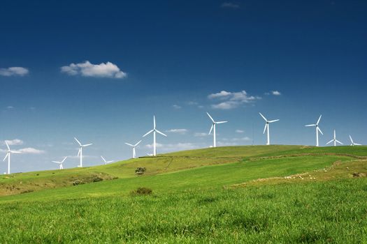Wind turbines farm. Alternative energy source. 