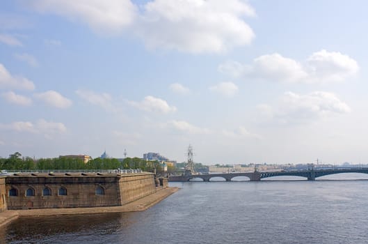 View of  Neva River, Trinity Bridge on  part of Peter and Paul Fortress, Saint Petersburg, Russia.