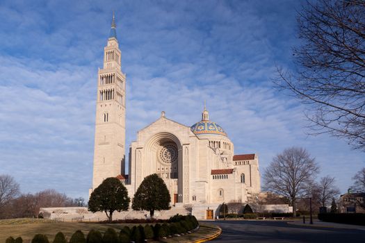 Basilica of the National Shrine of the Immaculate Conception in Washington DC on a clear winter day