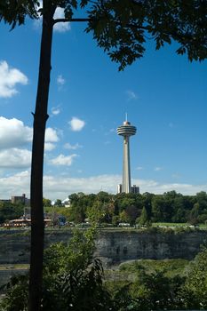 skylon tower on canadian side at niagara falls, photo taken from usa