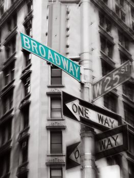 green broadway street sign, black and white photo, new york