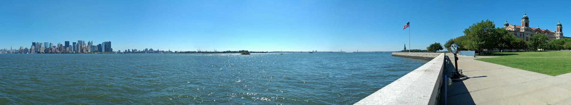 panoramic view from ellis island, manhattan and statue of liberty in picture