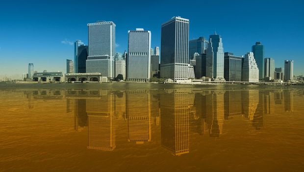 lower manhattan clear photo with artificial reflection in water, colored picture