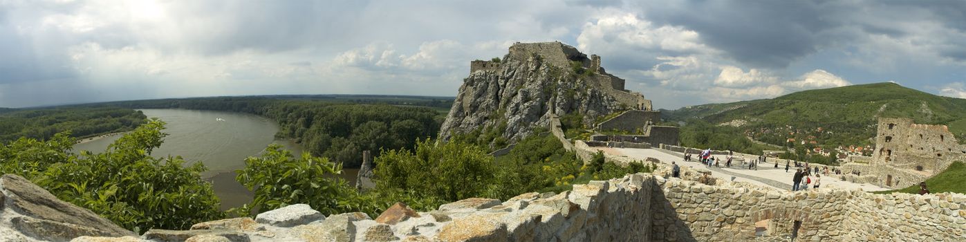devin castle ruins panorama near bratislava, capital city of slovakia; danube and austria on left side of the picture
