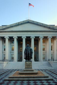 The Treasury Department and statue of Albert Gallatin in Washington D.C.