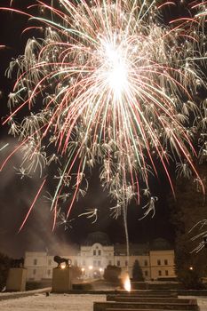 famous renaissance castle in Humenne, Slovakia. New year firework