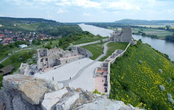 famous ruins of devin castle near bratislava, surounded by rivers dunaj and morava