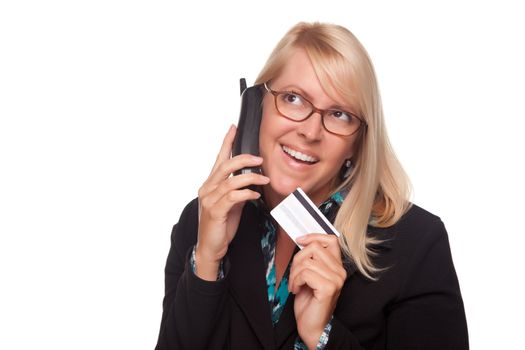 Beautiful Blonde Woman with Phone and Credit Card Isolated on a White Background.