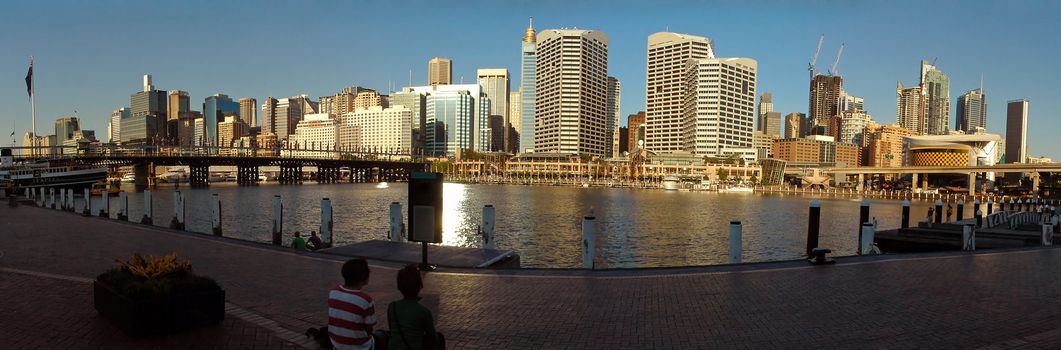 darling harbor panorama photo, pyrmont bridge and sydney tower in picture