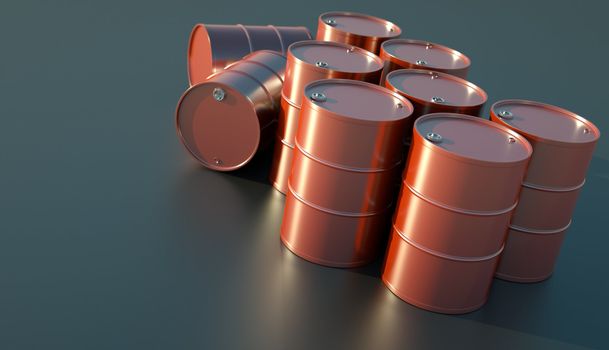 Red oil barrels glistening in the sunlight. 3D render.