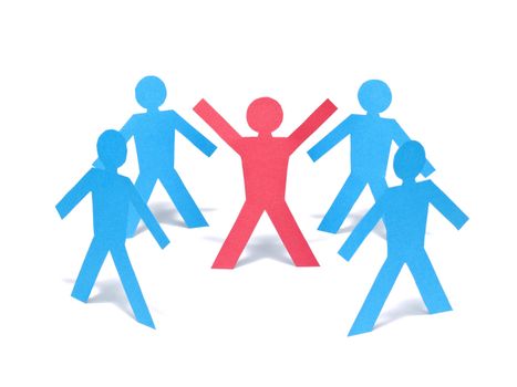 A red paper man is raising his arms among the blue paper men group.