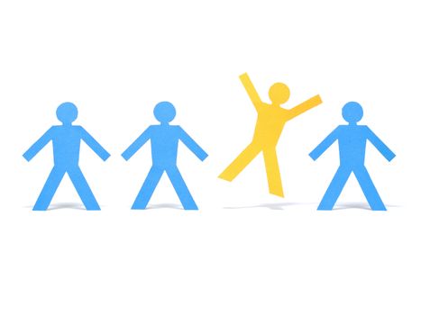 A yellow paper figure is celebrating between other blue paper figures.
