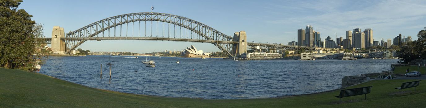 sydney panorama photo, harbour bridge and opera house in picture,