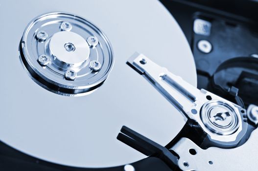 Closeup of hard disk drive internal components