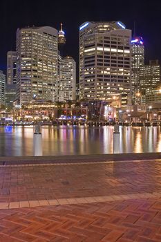 modern skyscrapers and Sydney Tower in Darling Harbour, night scene
