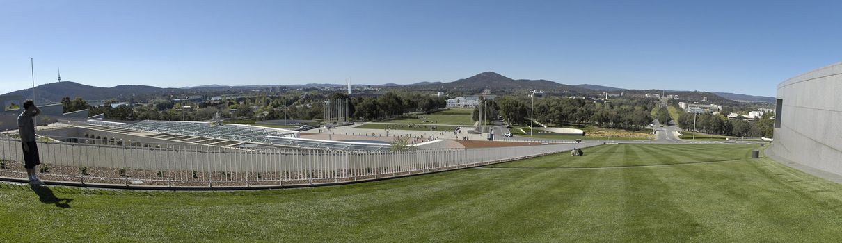 panorama photo of Australian parliament house for the federal government in Canberra, national capital