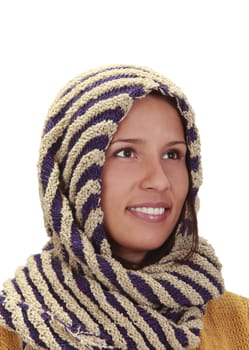 Portrait of a young woman wearing a scarf isolated against a white background.