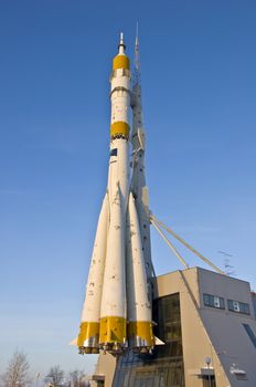 Russian Space Shuttle. Nozzles space rocket Soyuz. Close-up on a background of clear blue sky.