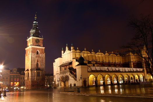 Old town square during the night in Krakow, Poland