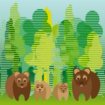 cute bear family walking in the forest
