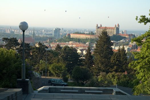 bratislava castle, slovakia most famous landmark, hot air baloons above