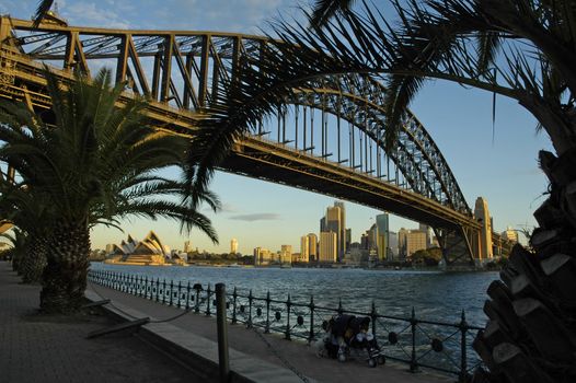 sydney landmarks, opera house and cbd in distance, harbour bridge in foreground