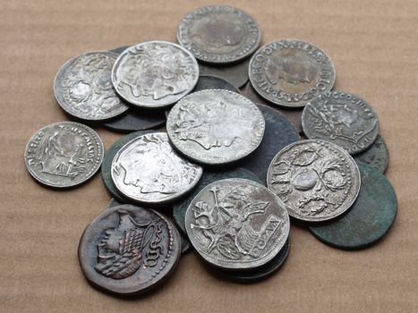 A heap of many ancient Roman coins