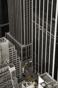 black and white photo, yellow taxi cabs, photo taken in new york, manhattan