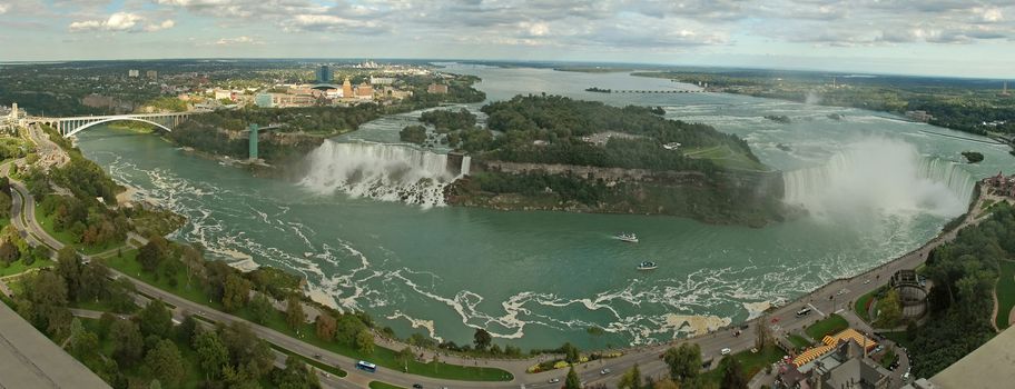 Niagara falls panorama photo, both waterfalls in picture, taken from canadian side