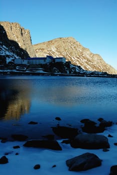 Landscape of mountains at lakeside in winter