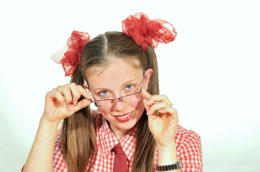 The girl with red ribbons smiling adjusting his glasses