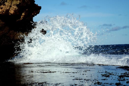 Splashing wave on reef with foam and reflection